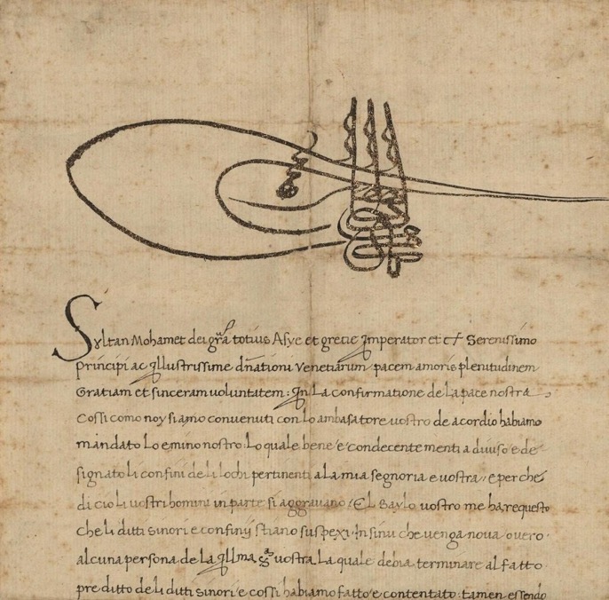 An Ottoman Firman in Latin Language Sent to Venetians, Sultan Mehmed the Conquer...