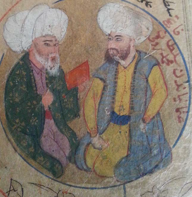 Fatih Sultan Mehmed [sağda]. Kendisine okunan bir kitabı dinlemesi.