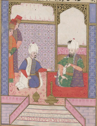 Kanuni Sultan Süleyman [sağda] ile Makbul ve Maktul İbrahim Paşa'nın sohbetleri.