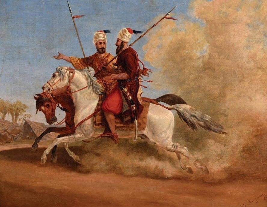 Ottoman Bedouin horsemen, 1860.
Osmanlı dönemi Bedevi atlılar, 1860.
فرسان من ال...