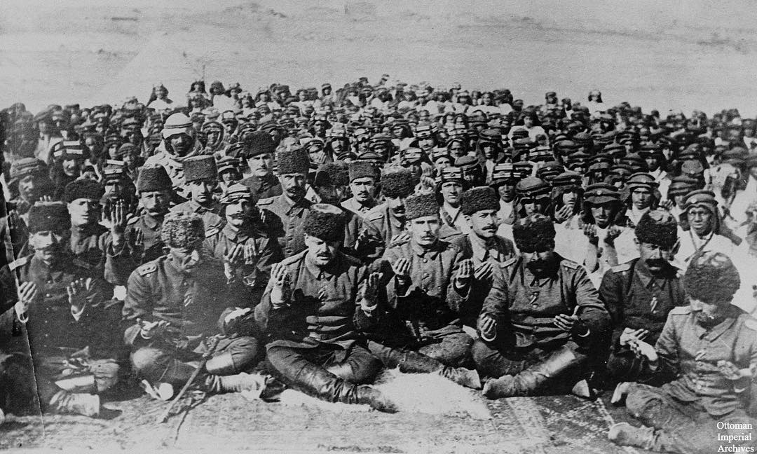 Ottoman Turkish and Arab soldiers praying together, Sina Front, Egypt, World War...