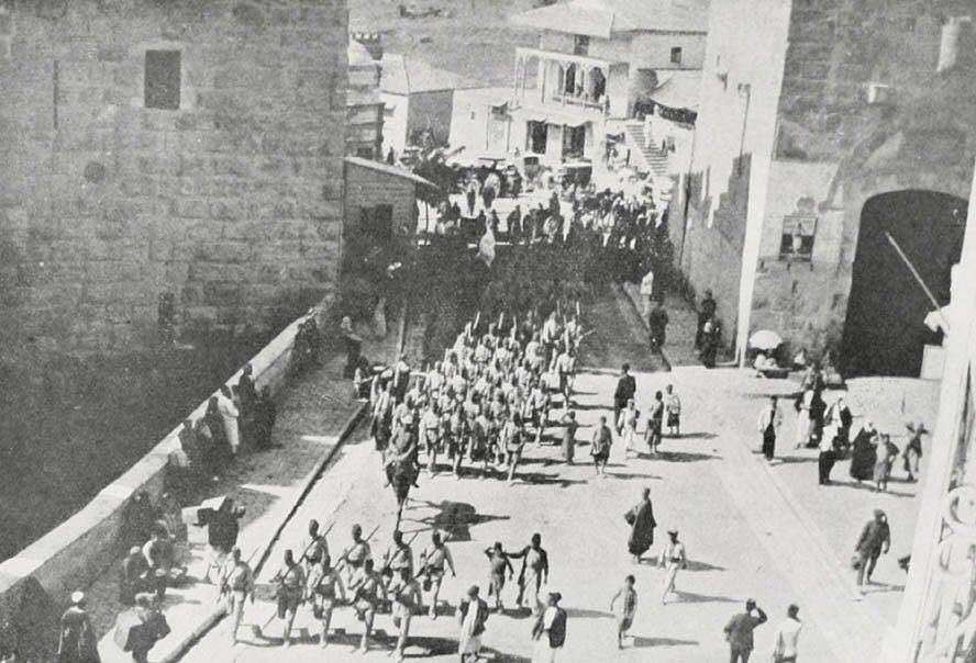 Ottoman soldiers marching through the Streets of  at the beginning of WWI, Pales...