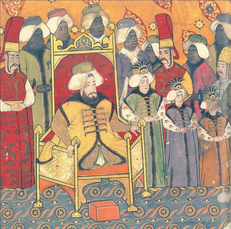 Sultan III. Ahmed ve sehzadeleri, kendilerine gelen hediyeleri kabul ederken. Pa