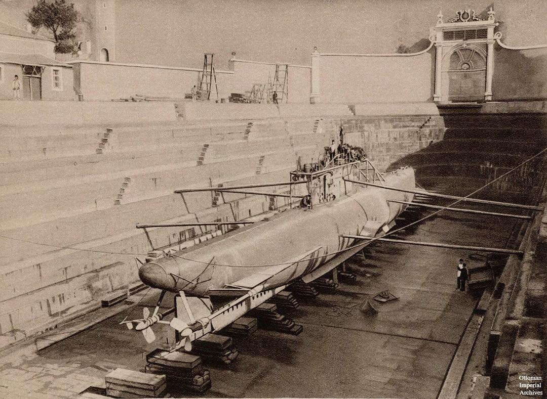 The French submarine ''Turquoise'' captured by the Ottomans seen here in dry doc...